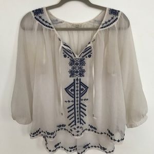 Navy and White Sheer Peasant Top